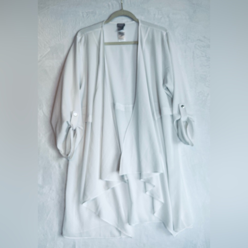 Chico’s white sheer polyester open cardigan duster women’s size 2 (Large 12-14)